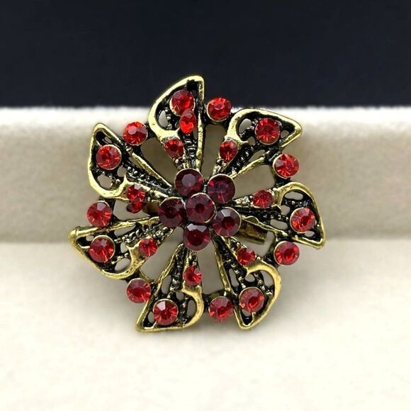 Yellow Gold with Ruby Red and Garnet Red Crystal Pinwheel Flower Pin Back Brooch - Picture 3 of 7